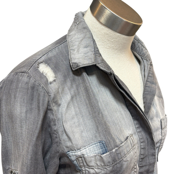 Cloth & Stone Anthropologie Shirt Distressed Chambray Gray Patches Sz. XS - Picture 2 of 12